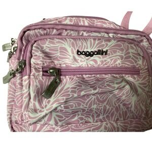 Baggallini‎ Crossbody Belt Bag Floral Print Travel Purse Multi Pocket Muave Pink